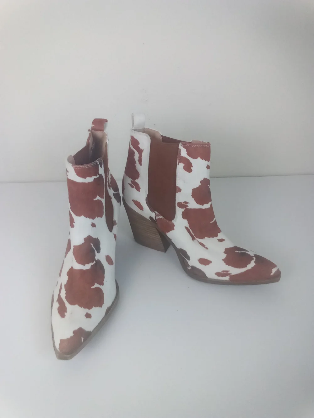 Barn Babe Cow-Print Western Ankle Boots Faux Suede White Brown Cowgirl